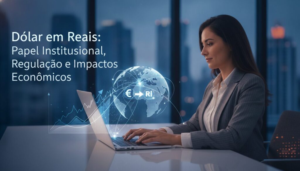 Executivo em meio-corpo orientando cliente em ambiente fintech corporativo com grafismos tecnológicos sutis para receber dolar