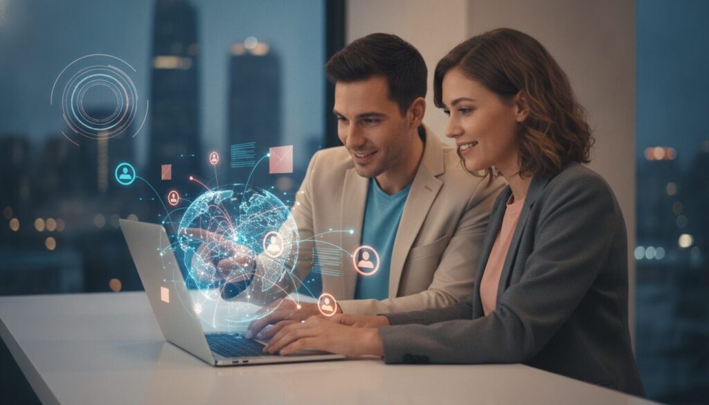 Executiva explicando processo de Exportação Açai com visual corporativo e elementos tecnológicos sutis