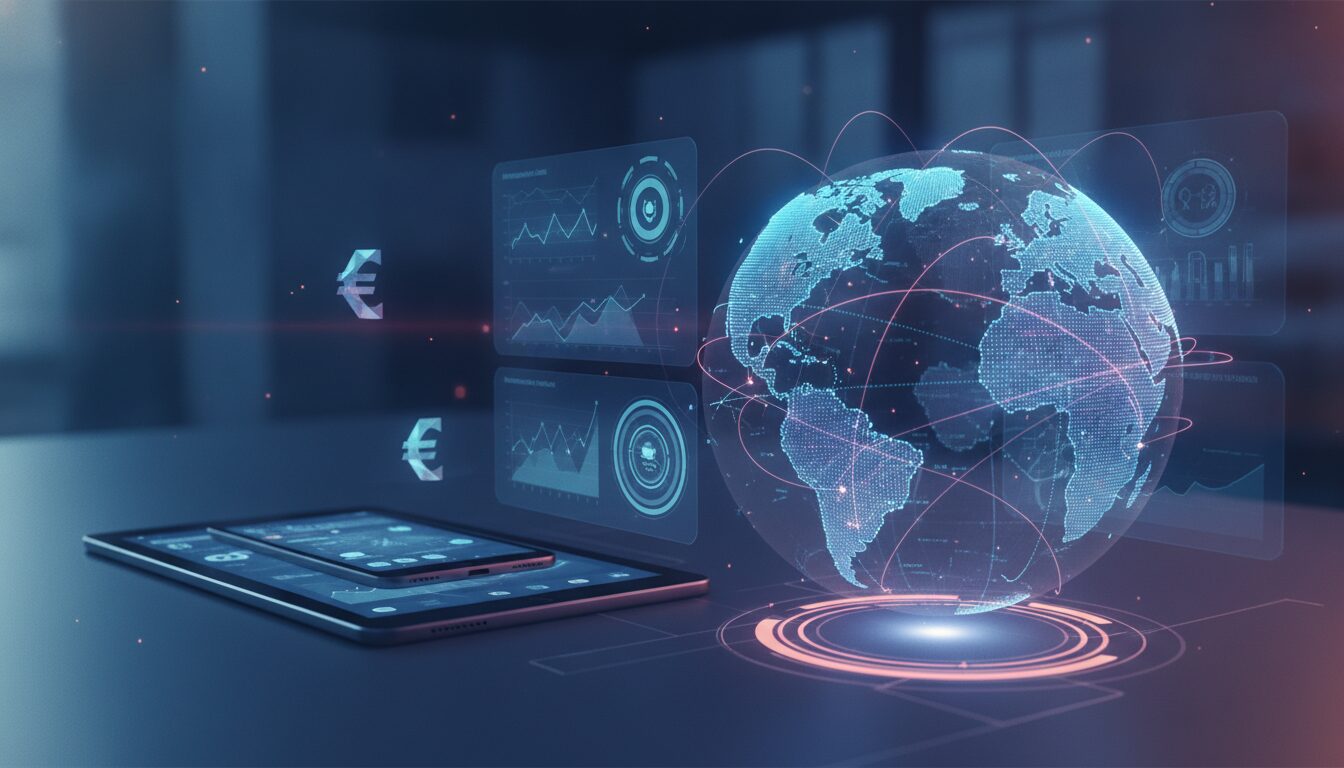 Atendimento Corporativo e Soluções Digitais Banco Do Brasil S.A. Executivo orientando cliente em ambiente fintech corporativo com grafismos tecnológicos, foco em atendimento Banco do Brasil S.A.