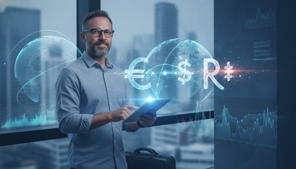 Executivo orientando cliente em meio-corpo num ambiente fintech azul, com grafismos sutis de circuito e íris, para Banco do Brasil S.A.