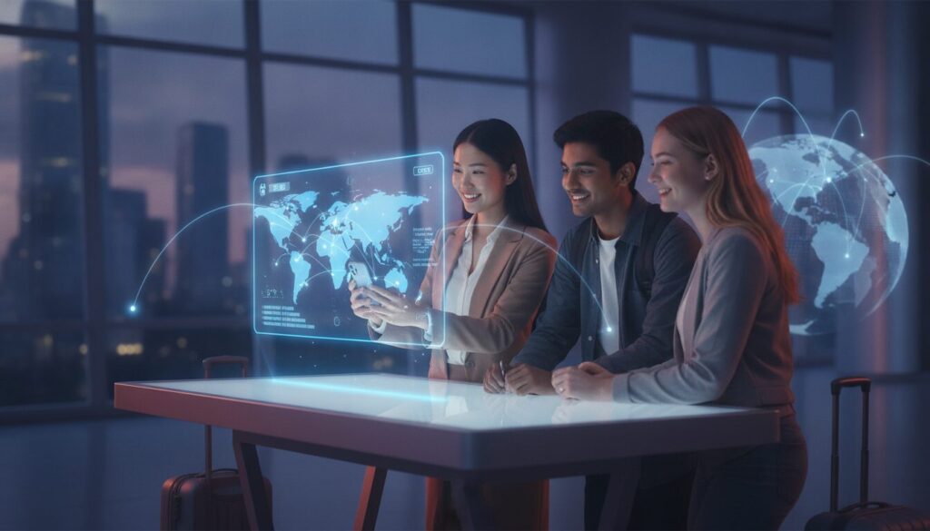 Executivo orientando cliente sobre remessas e salário China em ambiente fintech tecnológico
