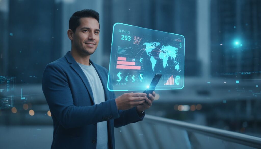 Executivo meio-corpo em ambiente fintech com overlay discreto e paleta azul, ilustrando conceito de Salário China em atendimento financeiro