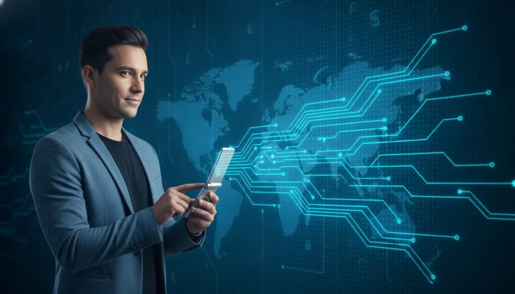 Profissional latino interage com celular flip; holograma e trilhas de circuito simbolizam Censo de Capitais Estrangeiros