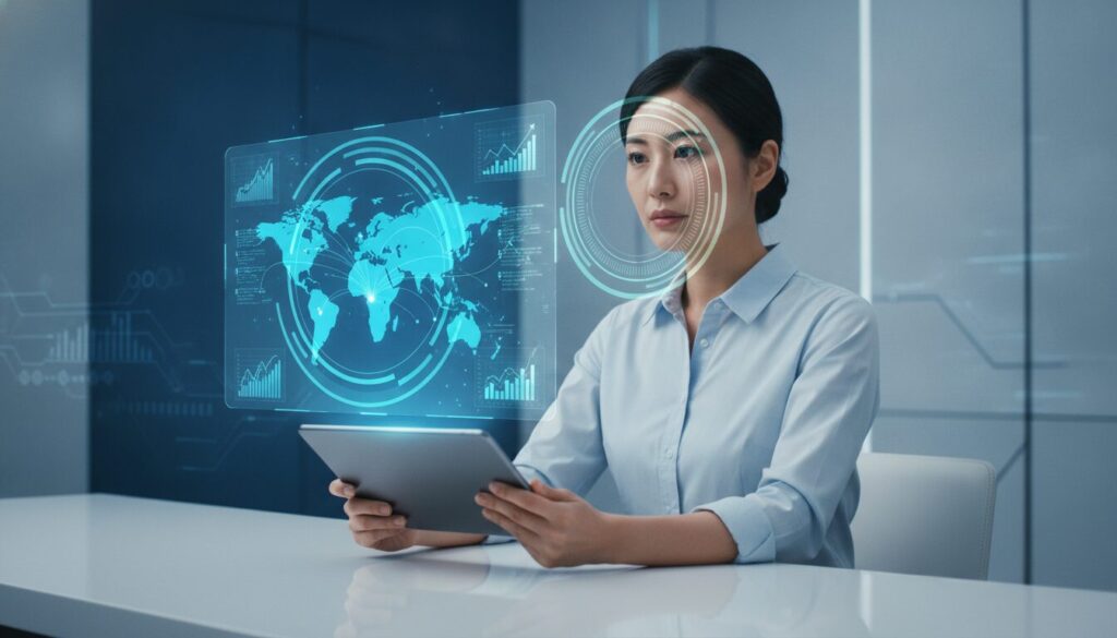 Profissional japonesa segurando tablet com interface holográfica e íris ótica, representando transferências internacionais
