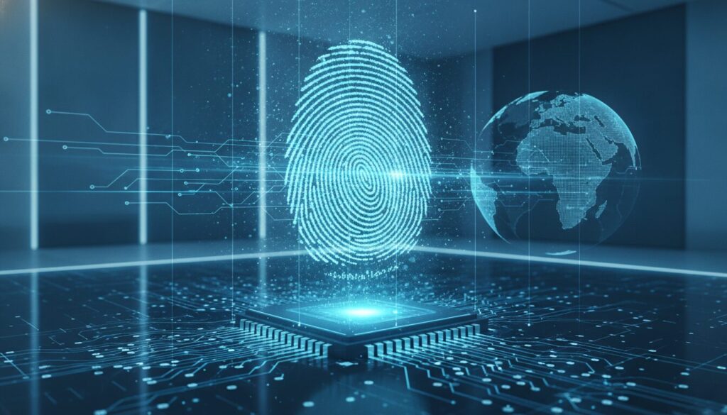 Placa eletrônica e chip premium com impressão digital holográfica azul-ciano, simbolizando segurança e autenticação para conta offshore.