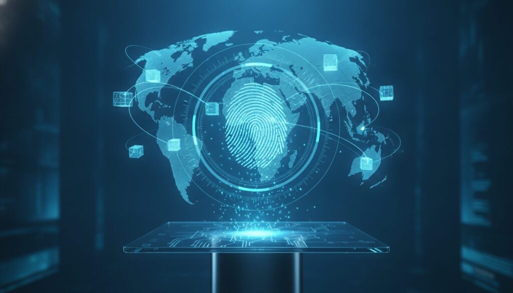 Globo digital com rotas internacionais e impressão digital holográfica representando código SWIFT e segurança em transferências