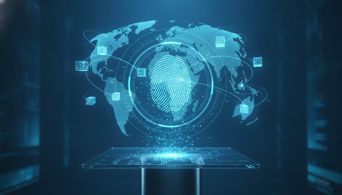 Código SWIFT e Segurança em Rede Global Digital Globo digital com rotas internacionais e impressão digital holográfica representando código SWIFT e segurança em transferências