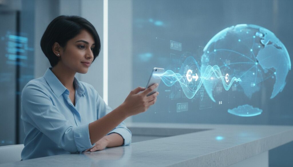 Profissional segurando smartphone com holograma de ondas sonoras e interface de câmbio, sugerindo destaque ao rial catarense