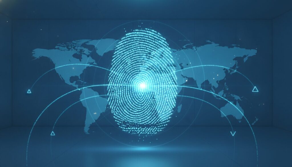 Pessoa em meio-corpo orientando sobre remessa online em ambiente fintech, fundo tecnológico e grafismo discreto.
