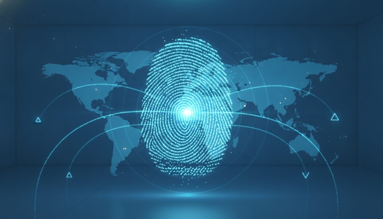 Pessoa em meio-corpo orientando sobre remessa online em ambiente fintech, fundo tecnológico e grafismo discreto.