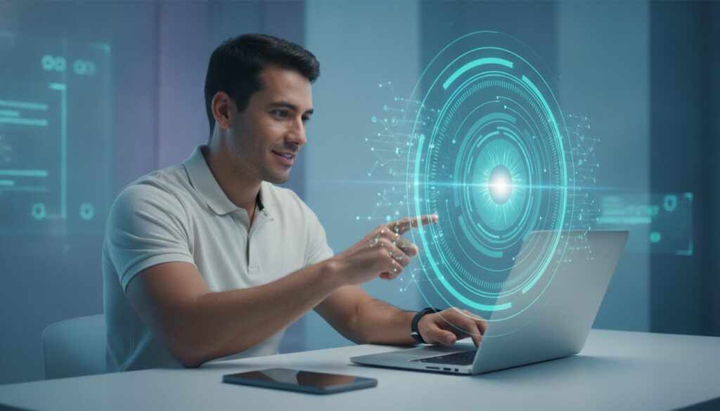 Jogador meio-corpo ao lado de notebook com íris ótica holográfica de estatísticas, representando jogadores mais caros do mundo