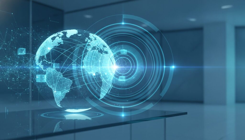 Globo digital com rotas, anéis óticos holográficos e dispositivo tecnológico, simbolizando ganhar dinheiro com o TikTok e fluxos financeiros