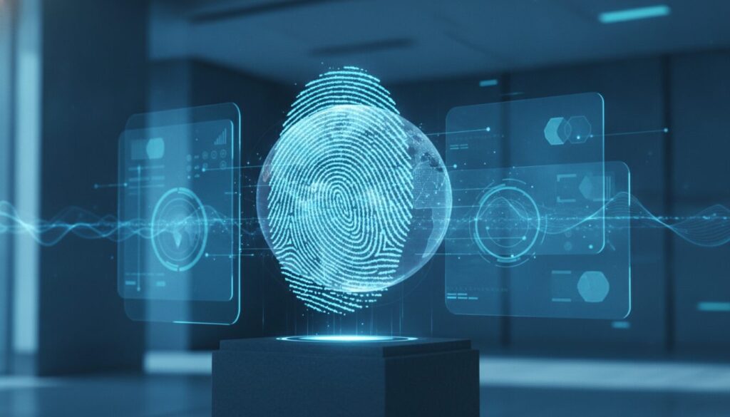 Interface holográfica financeira com impressão digital e elementos de biometria simbolizando Investimento Estrangeiro Direto
