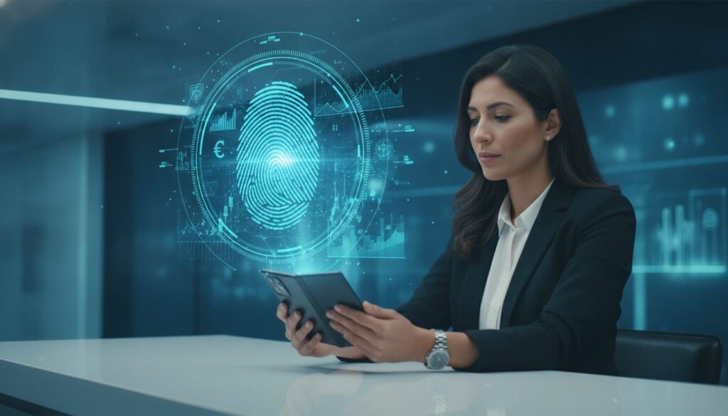 Financeira latina com celular fold exibindo holograma de impressão digital e interface de câmbio, representando novo marco cambial