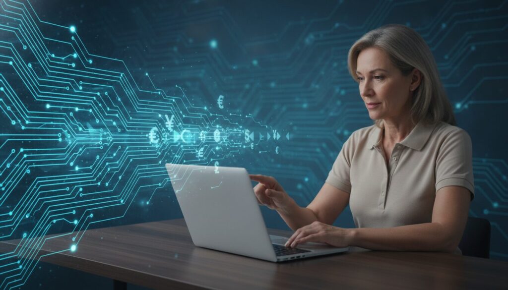 Executiva meio-corpo interagindo com ultrabook e holograma de câmbio com trilhas de circuito, representando Nova Lei Cambial
