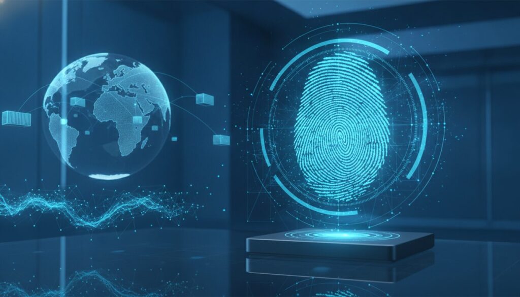 Globo digital com rotas internacionais, impressão digital holográfica e elementos de segurança representando IOF e cálculo