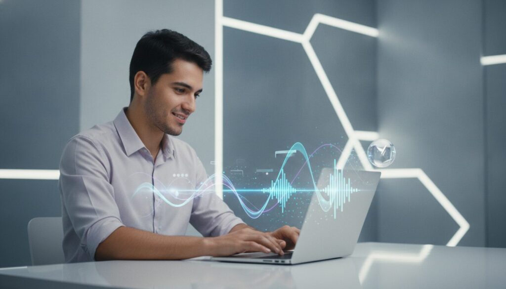 Pessoa latino jovem usando notebook com interface de conta digital NuConta e ondas sonoras holográficas
