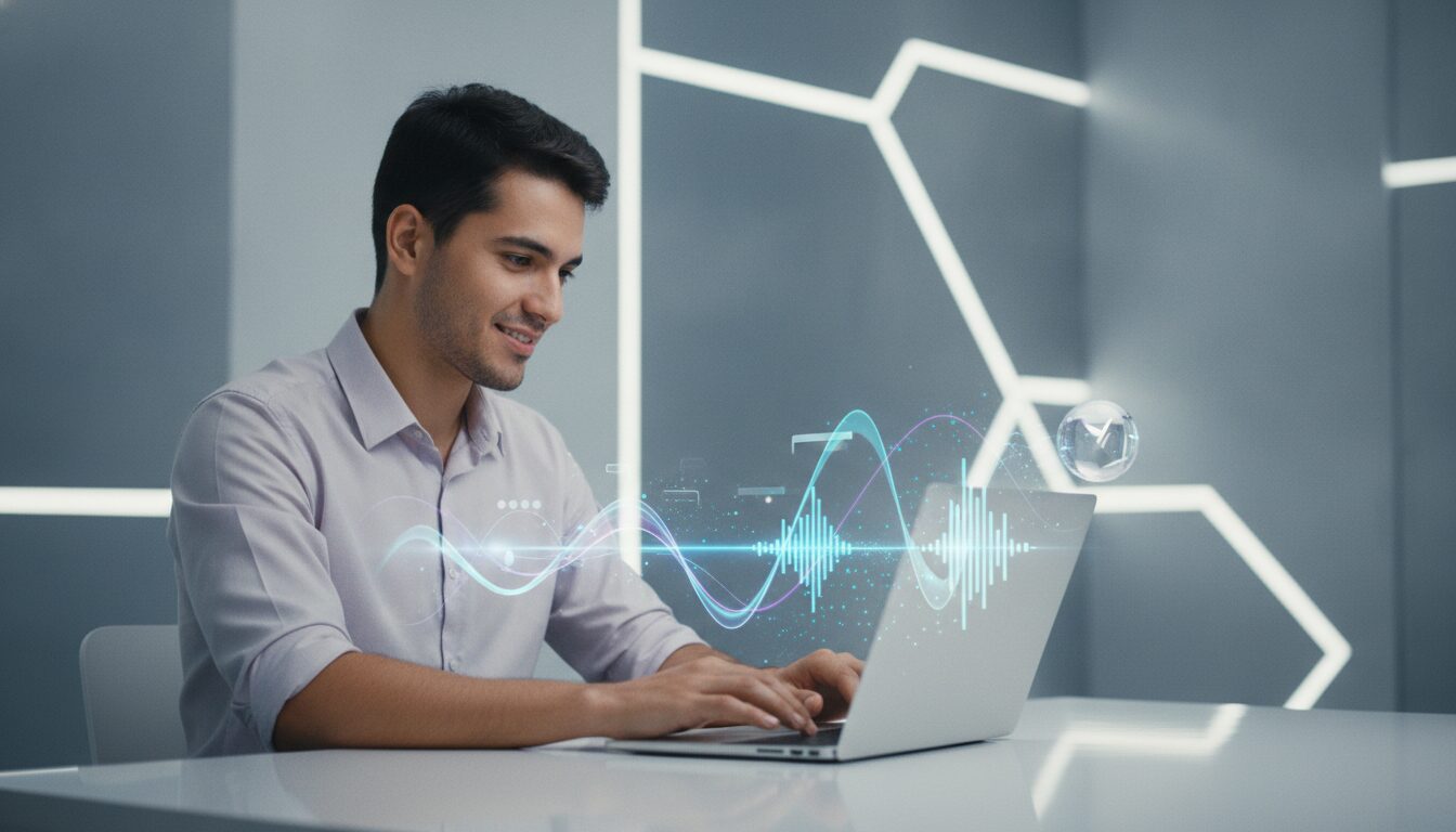 Pessoa latino jovem usando notebook com interface de conta digital NuConta e ondas sonoras holográficas