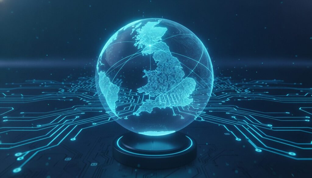 Globo digital azul-ciano com mapa do Reino Unido e trilhas de circuito iluminadas, simbolizando custo de vida Reino Unido