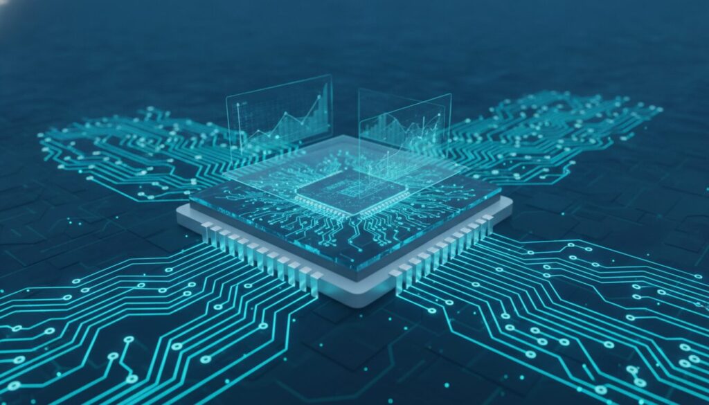 Placa-mãe premium com chip financeiro e trilhas luminosas azul-ciano representando custo de vida no Canadá