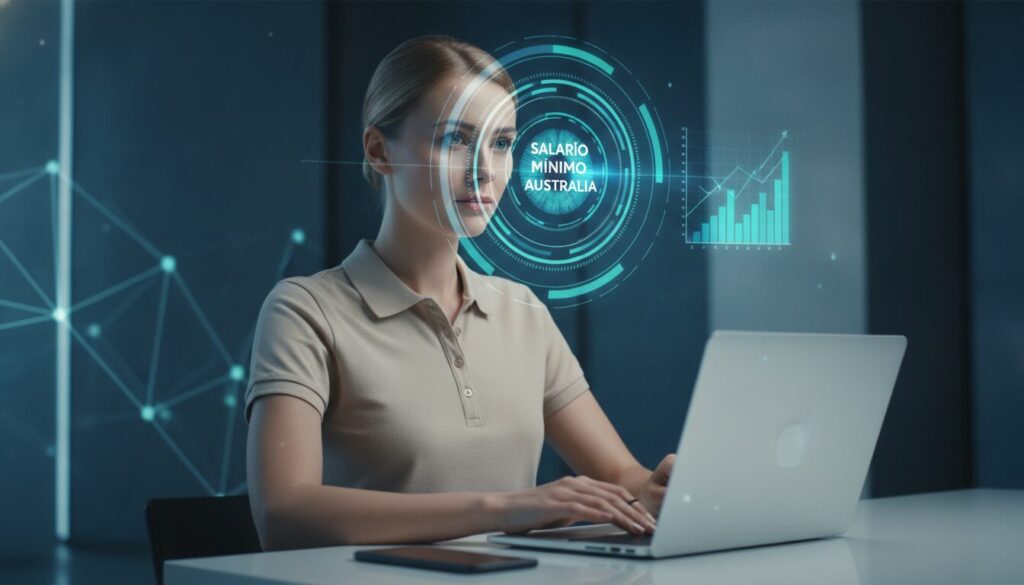Profissional sentado interage com ultrabook e íris ótica holográfica exibindo gráficos salariais, representando o tema salario minimo australia