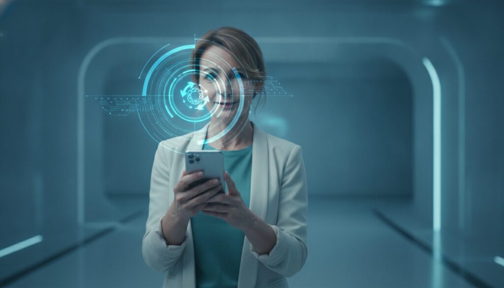 Profissional segurando smartphone com holograma de símbolo bitcoin e anéis de íris ótica, representando identidade digital.