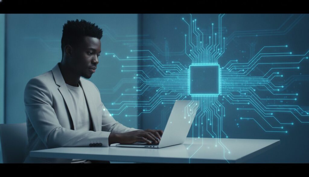 Profissional negro em plano médio interagindo com ultrabook e trilhas de circuito azul-ciano, ilustrando o tema custo de vida