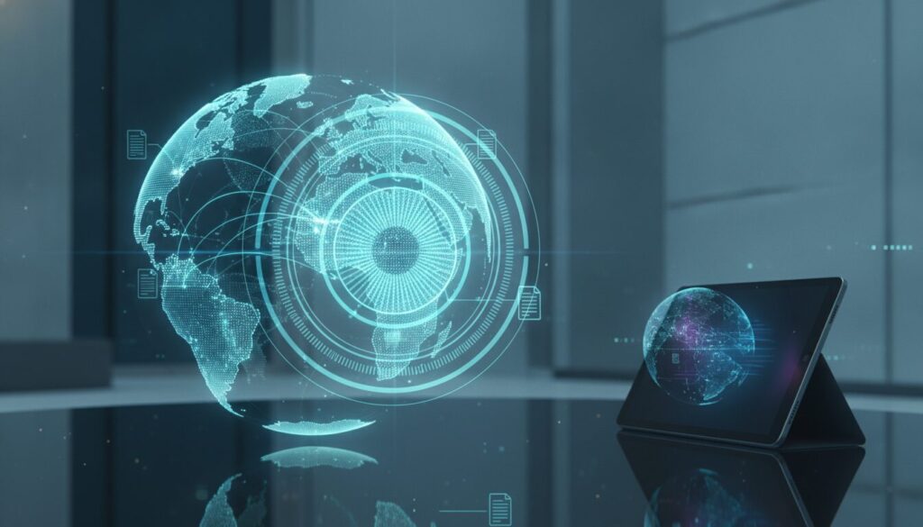 Globo digital com rotas internacionais e íris ótica holográfica representando Conta Wise Internacional