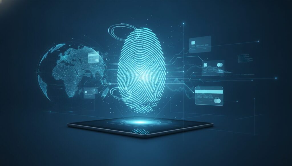 Painel holográfico financeiro com impressão digital biométrica e globo digital, simbolizando maior custo de vida do mundo