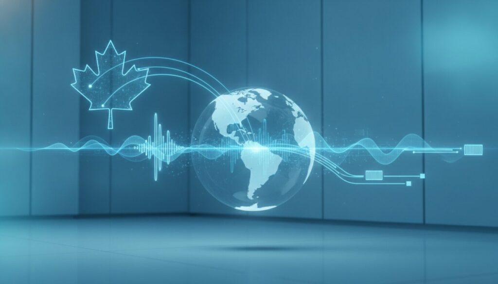 Globo digital com rotas financeiras holográficas em fundo azul, representando salário mínimo Canadá e fluxo financeiro internacional