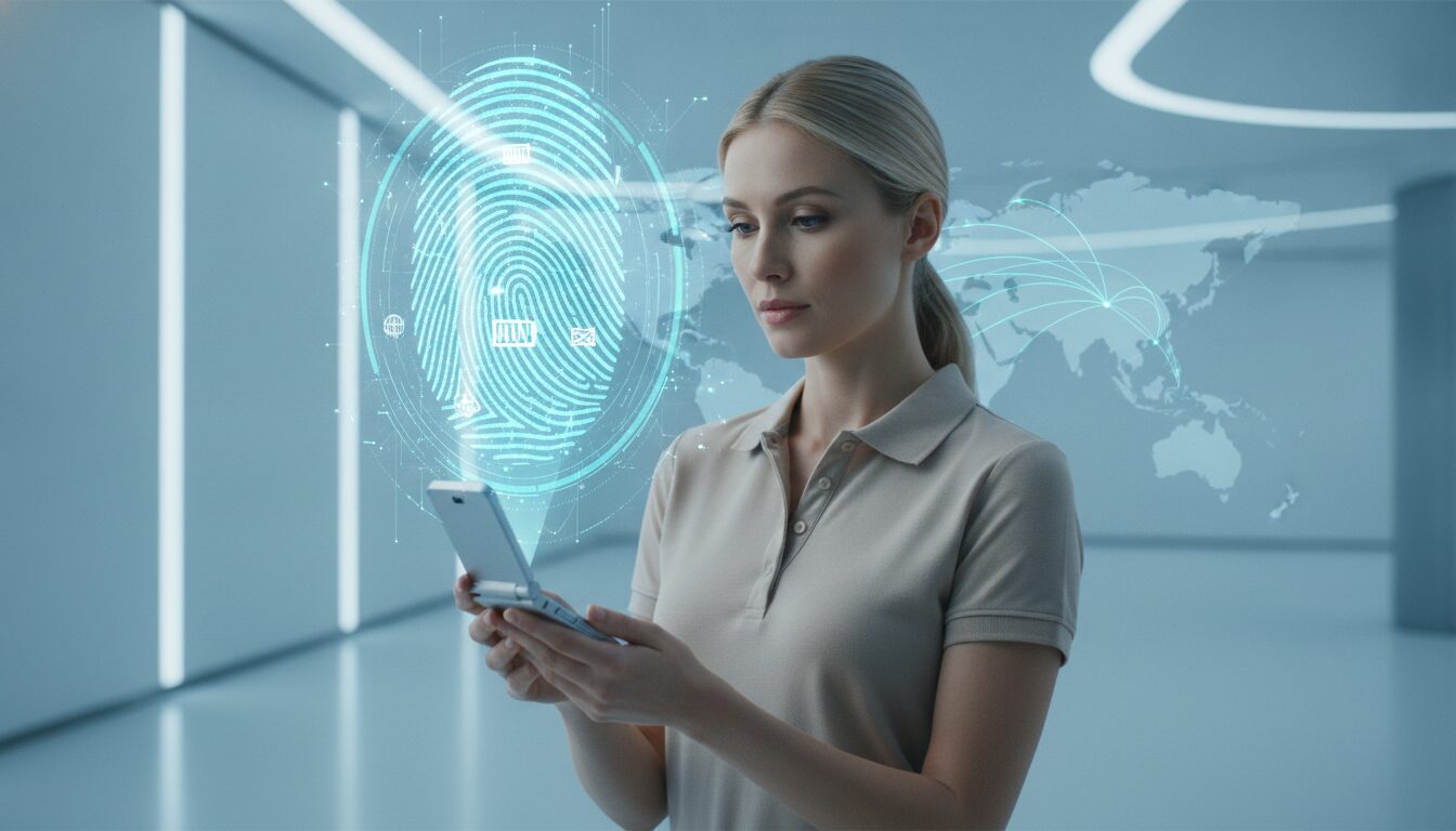 Executivo orientando cliente em fintech, ilustrando processo de importação com visual tecnológico e paleta azul clara