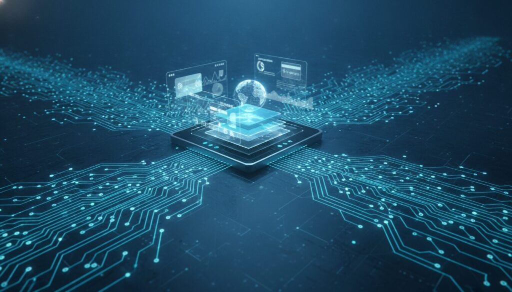 Interfaces translúcidas, cartões abstratos e trilhas de circuito azul-ciano conectando um globo digital, representando Mercado da bola 2023