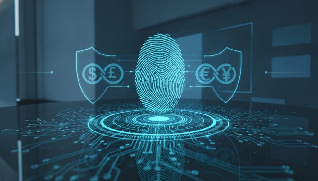 Chip financeiro premium com impressão digital holográfica e trilhas eletrônicas azul-ciano representando hedge cambial