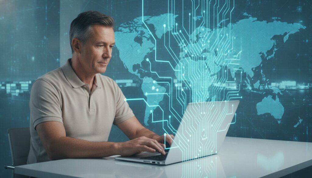 Profissional meio-corpo usando netbook com trilhas de circuito azul-ciano conectando interface a elementos de importação de cannabis medicinal