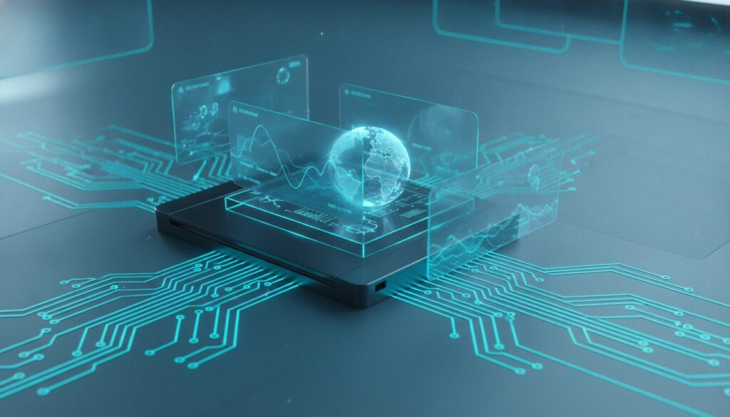 Interfaces translúcidas, globo discreto e trilhas de circuito azul-ciano ilustrando pagamento cross-border entre redes financeiras