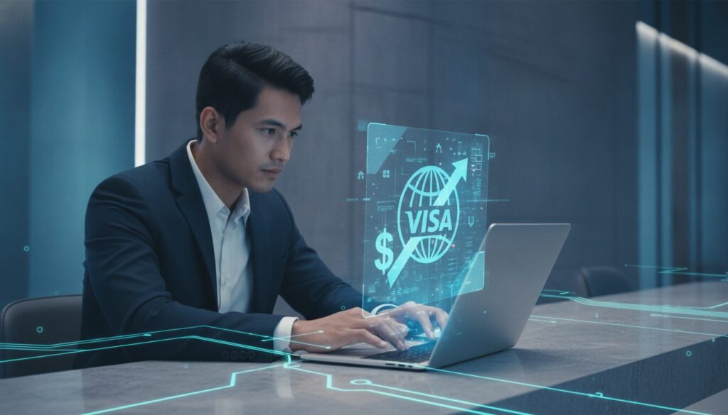 Profissional sentado em bancada com ultrabook projetando holograma financeiro azul-ciano, conceito de visto americano