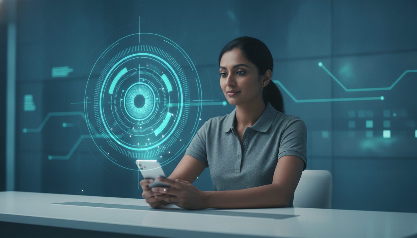 Profissional em meio-corpo em ambiente fintech com grafismos sutis de impressão digital e circuitos e overlay holográfico discreto, tema jetour