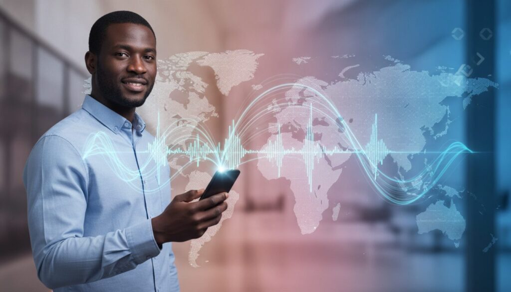 Pessoa em meio-corpo em ambiente fintech, orientando cliente sobre remessa expressa com grafismo tecnológico e paleta azul acolhedora.
