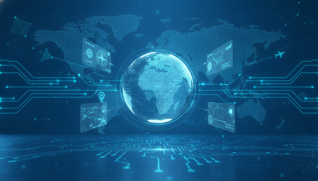 Executiva em meio-corpo explicando serviços digitais para empresa de turismo, fundo tecnológico azul suave e grafismos discretos