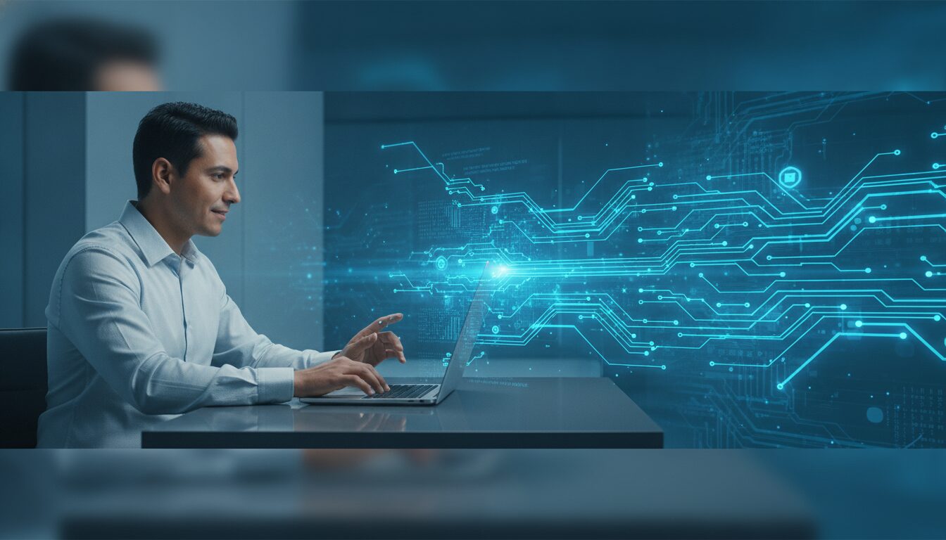 Executivo em meio-corpo orientando cliente em ambiente fintech corporativo, com grafismos digitais sutis e paleta azul, conceito zopo