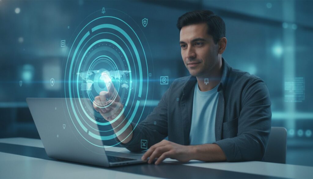 Executiva em meio-corpo orientando cliente sobre processos de importação em cenário fintech com grafismos sutis