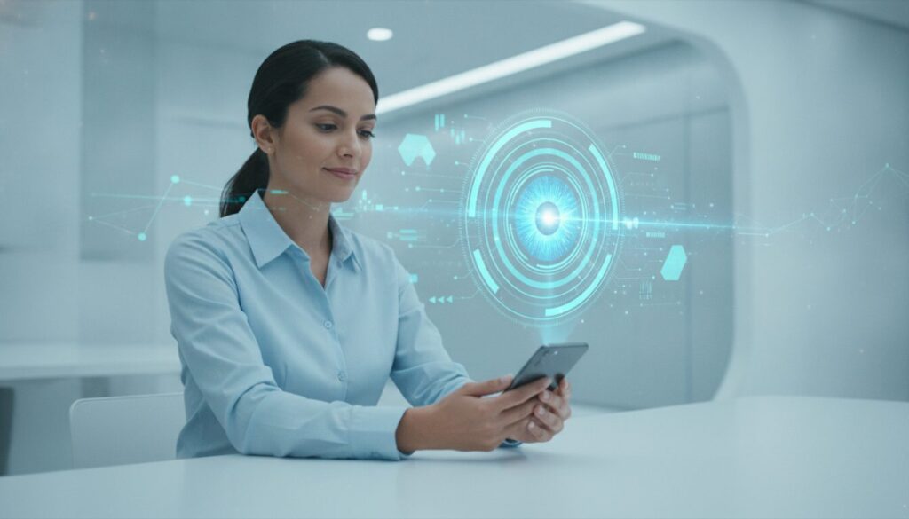Executivo orientando cliente em ambiente fintech com grafismo sutil relacionado ao registrato do banco central