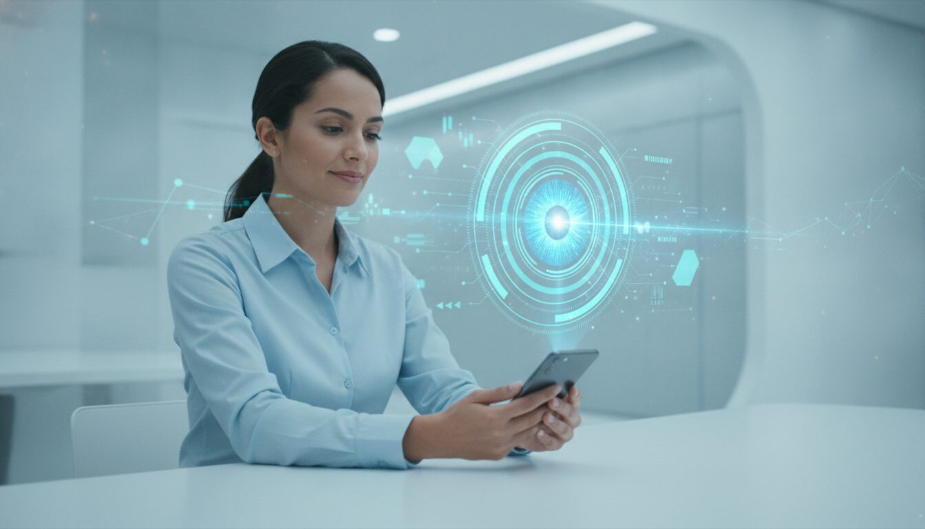 Executivo orientando cliente em ambiente fintech com grafismo sutil relacionado ao registrato do banco central