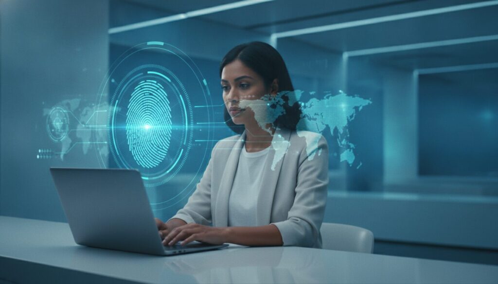 Executivo pardo interage com netbook e impressão digital holográfica, simbolizando conta de domiciliado no exterior e segurança biométrica