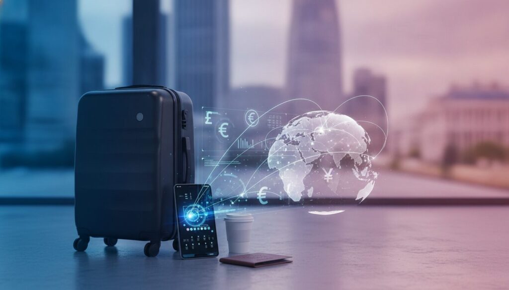Executivo meio-corpo em ambiente fintech com grafismos sutis em azul, conceito editorial ligado a fc inglaterra