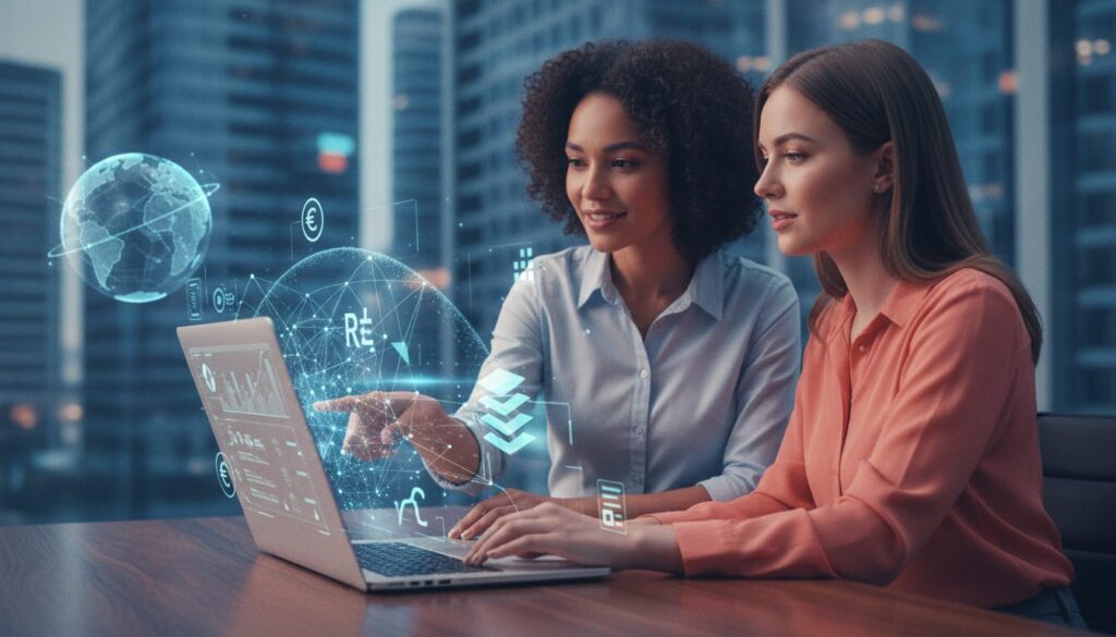 Executivo meio-corpo orientando cliente com background tecnológico e grafismos sutis, conceito de registrador em fintech.