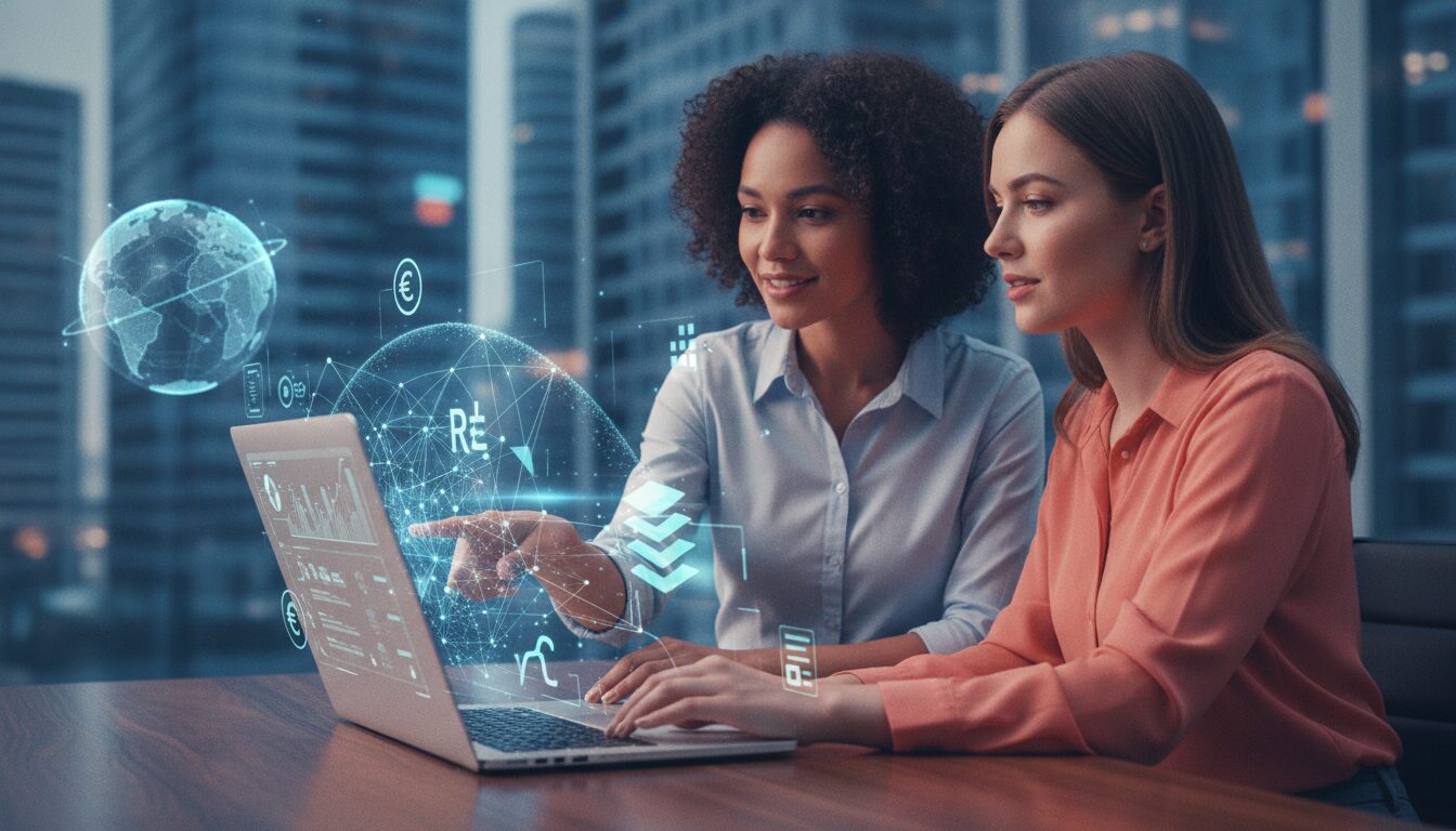 Executivo meio-corpo orientando cliente com background tecnológico e grafismos sutis, conceito de registrador em fintech.