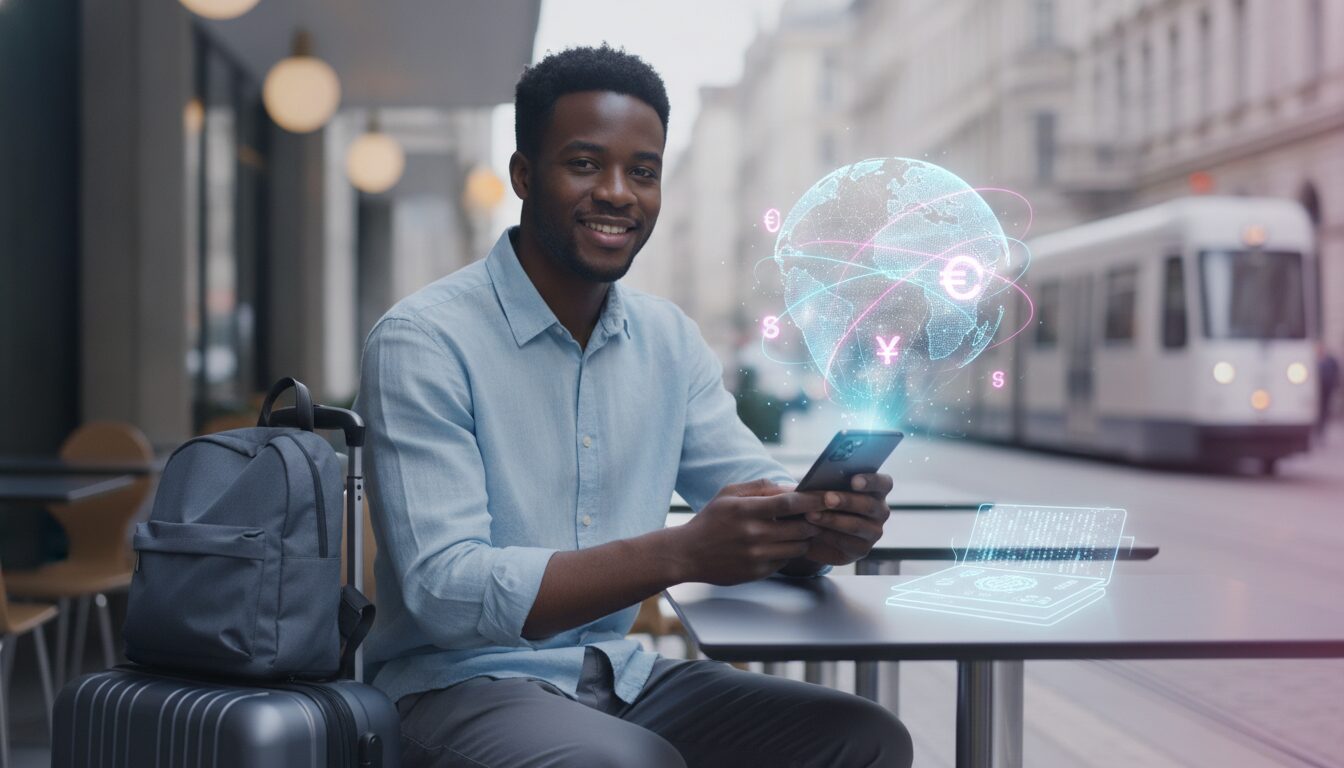 Pessoa em atendimento profissional em fintech, orientação sobre visto turismo eua com grafismos sutis e fundo corporativo