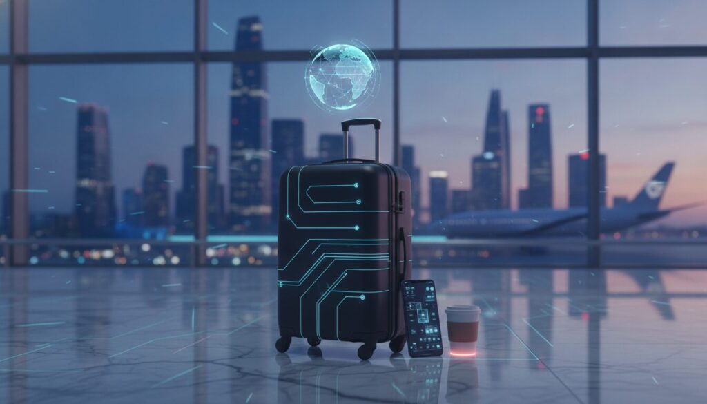 Executivo em meio-corpo em ambiente fintech moderno com grafismos biométricos sutis e paleta azul, tema jetour