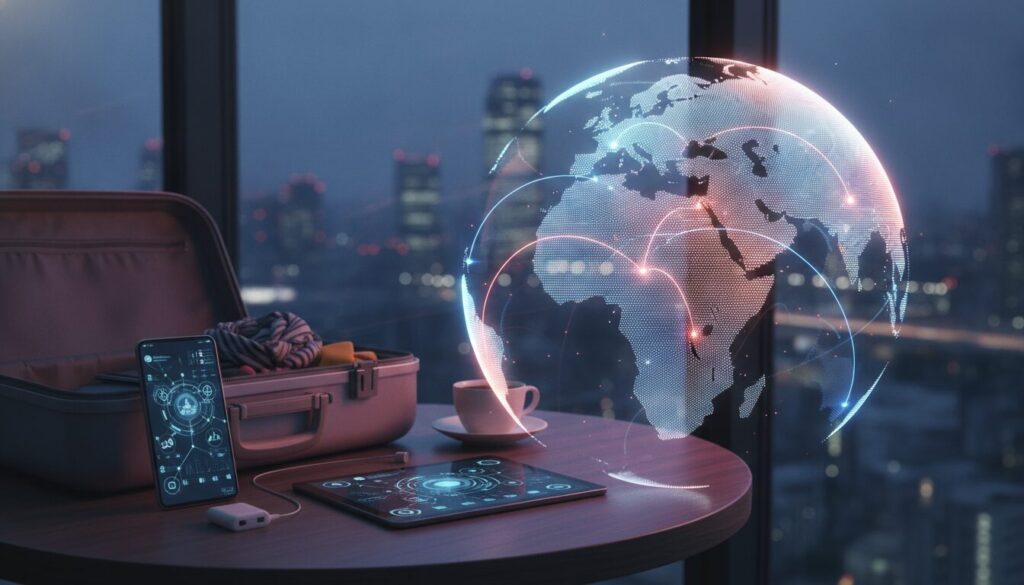 Profissional fintech em meio-corpo orientando cliente em ambiente tecnológico e elegante, ilustração editorial sobre japão turismo